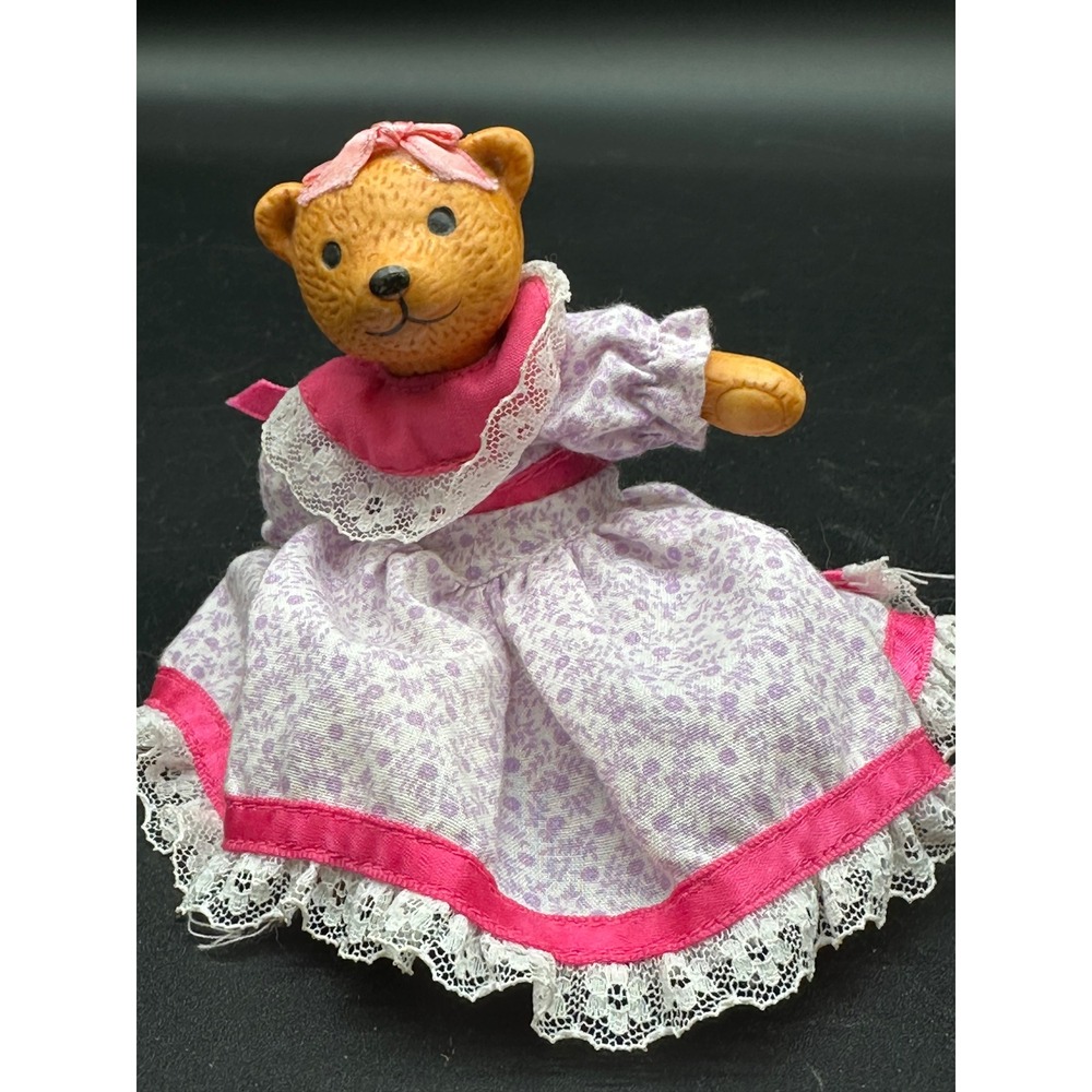 Vintage Russ Porcelain Bear Doll In Purple Dress With Lace Trim And Pink Ribbon.